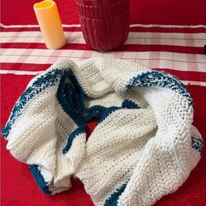 Handmade Blanket Hand Knit White Aqua Crochet Thick Stitch 30x30 Throw